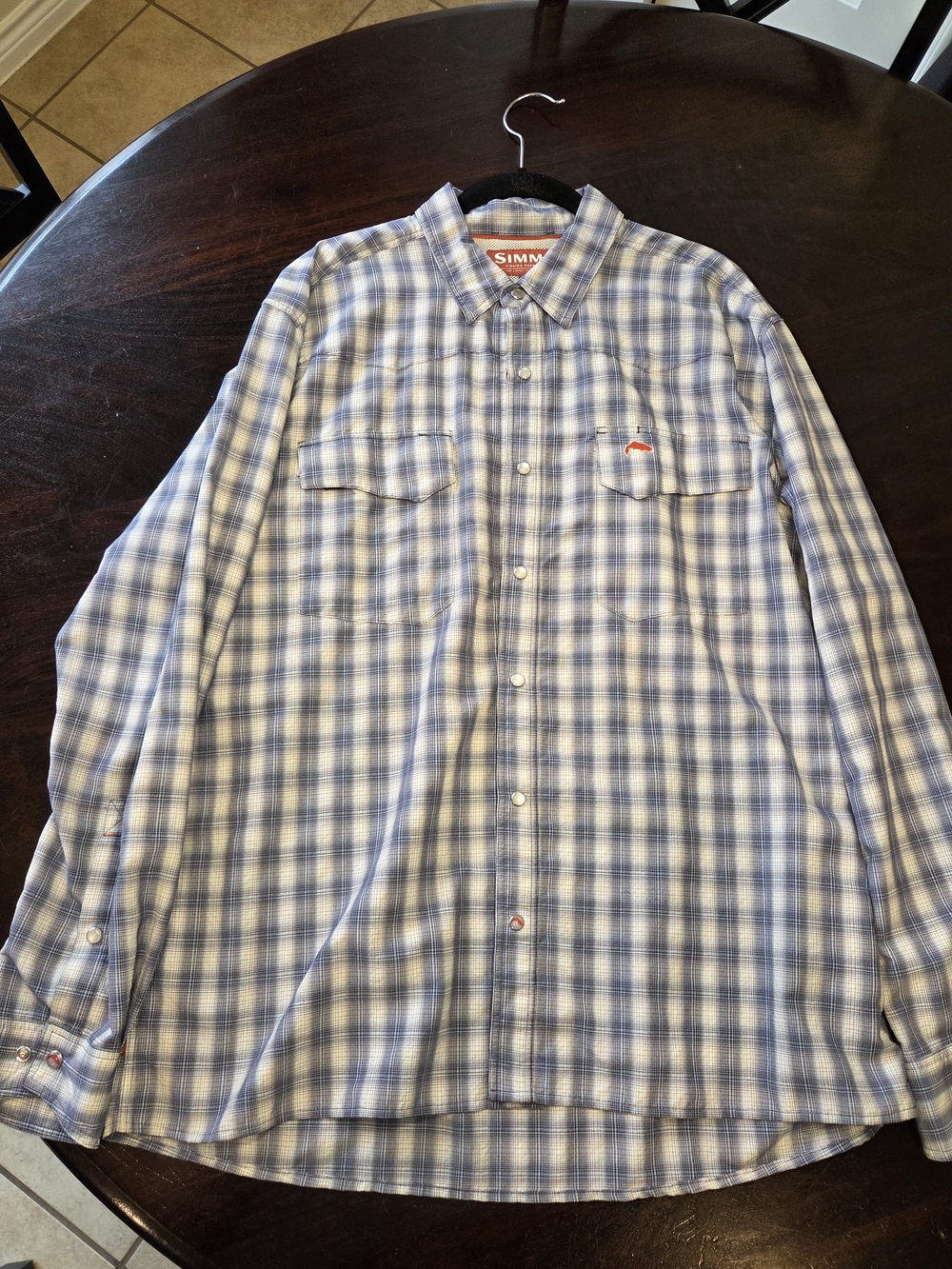 Simms Light Blue and White Plaid Pearl Snap Shirt